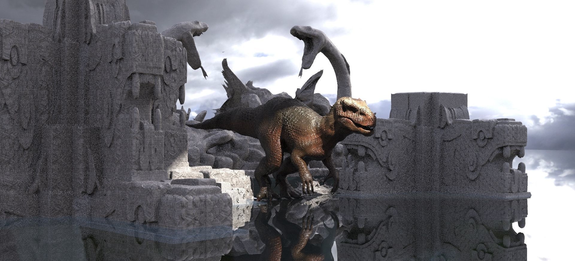 Tyrannosaurus rex  In Mayan Temple ruins Kit bash 3D model_1
