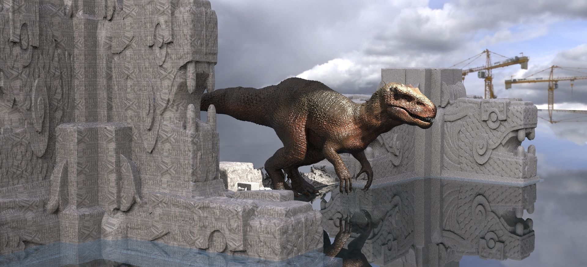 Tyrannosaurus rex  In Mayan Temple ruins Kit bash 3D model_3