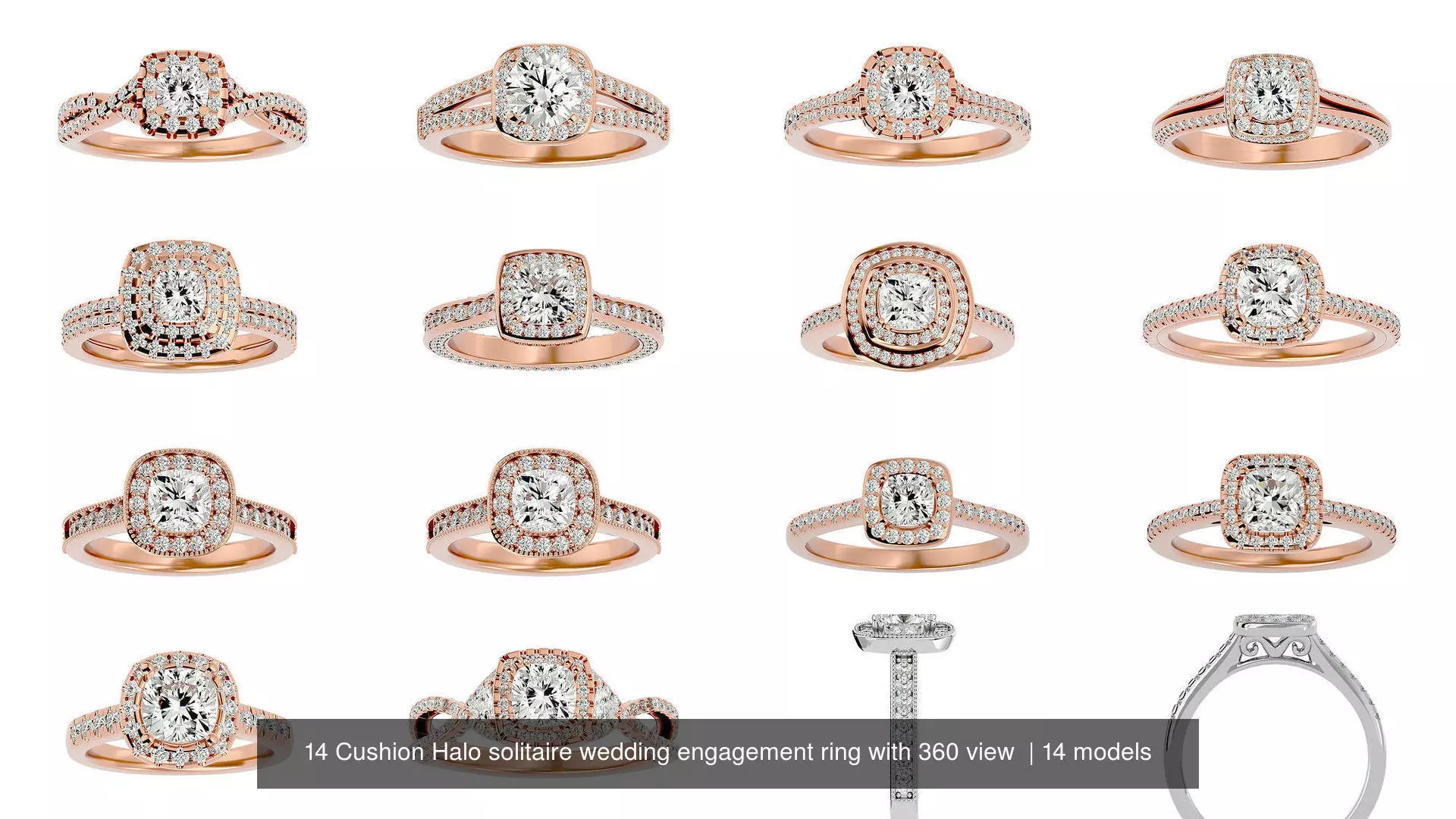 14 Cushion Halo solitaire wedding engagement ring with 360 view  3D Model Collection_1