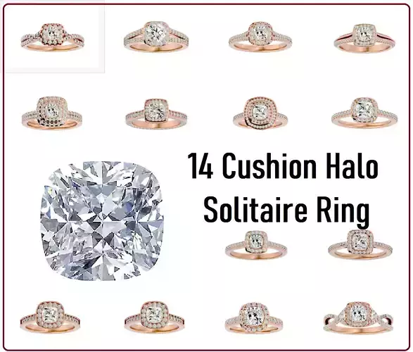 14 Cushion Halo solitaire wedding engagement ring with 360 view  3D Model Collection