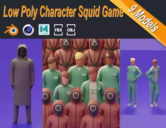 Low Poly Character Squid Game Illustration Stylized Set