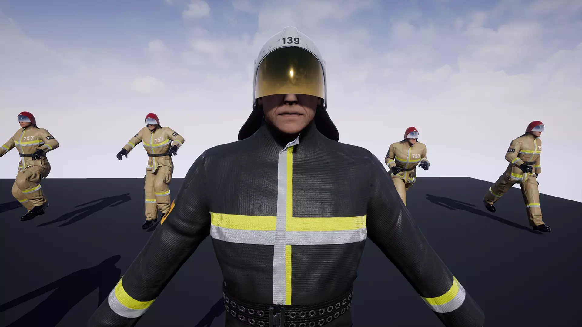 Firefighter group of firemen in uniform Low-poly 3D model_0