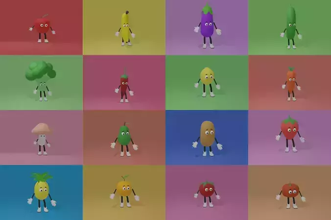Fruits and Vegetables lowpoly characters Low-poly 3D model