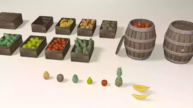 Tropical fruit and fruit boxes Low-poly 3D model