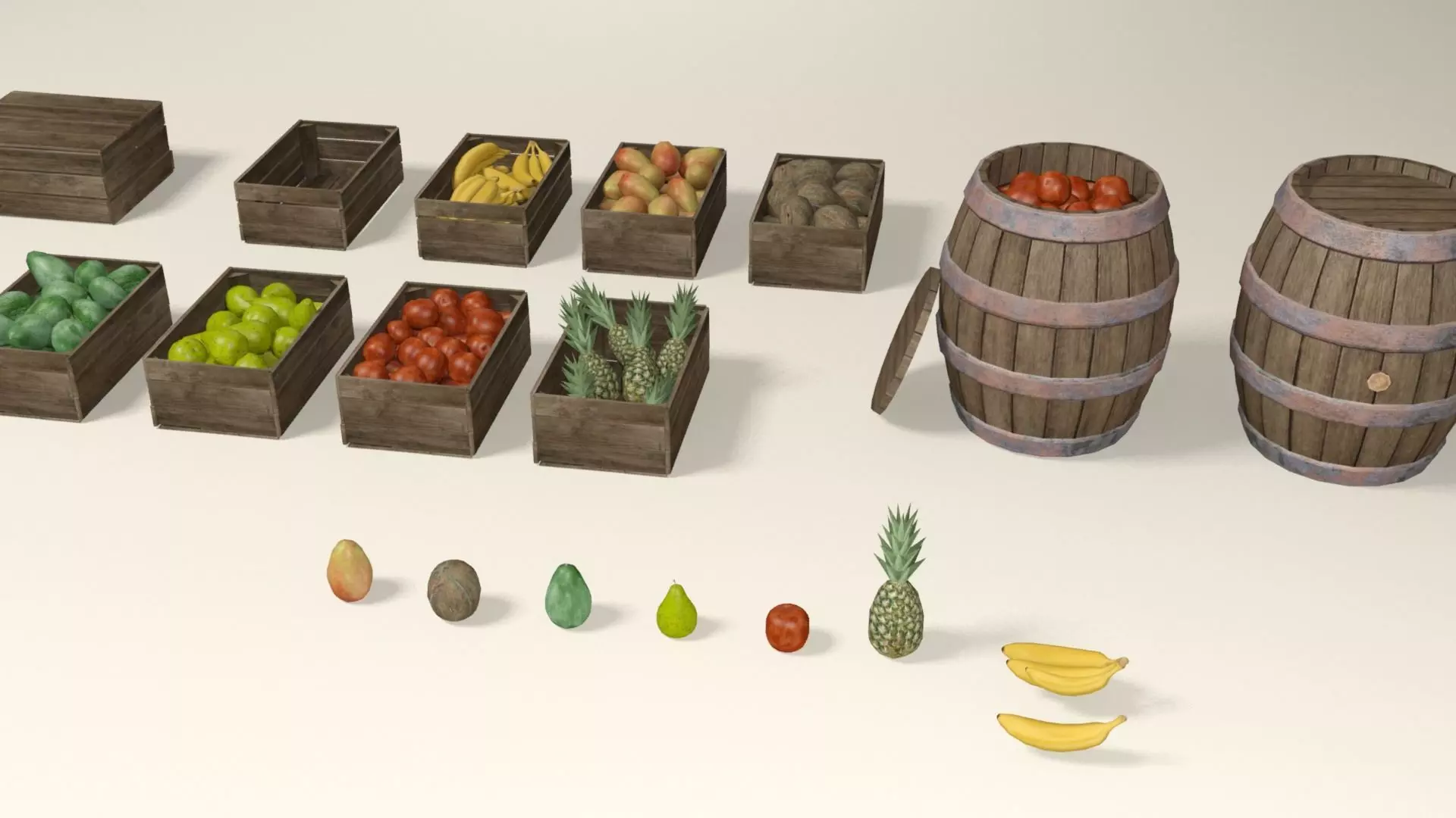 Tropical fruit and fruit boxes Low-poly 3D model_0