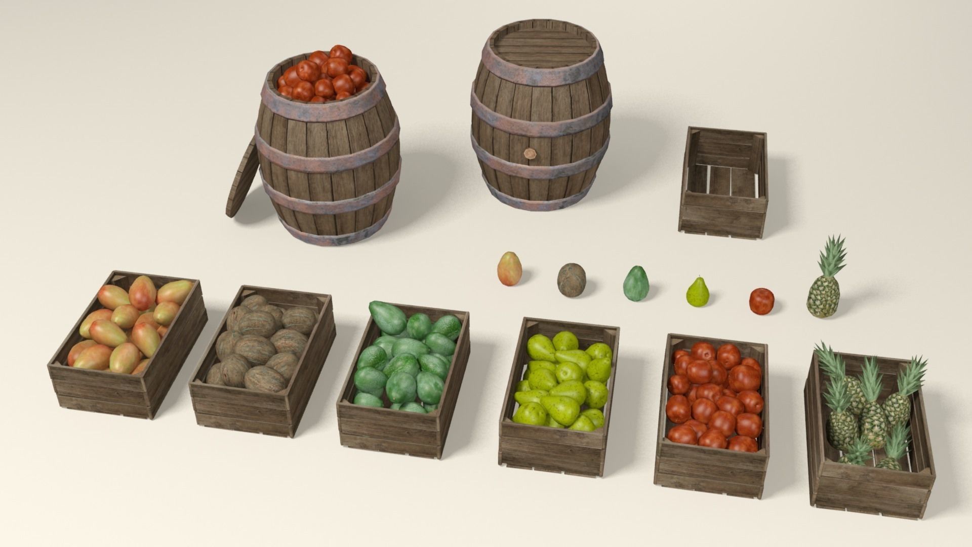 Tropical fruit and fruit boxes Low-poly 3D model_1