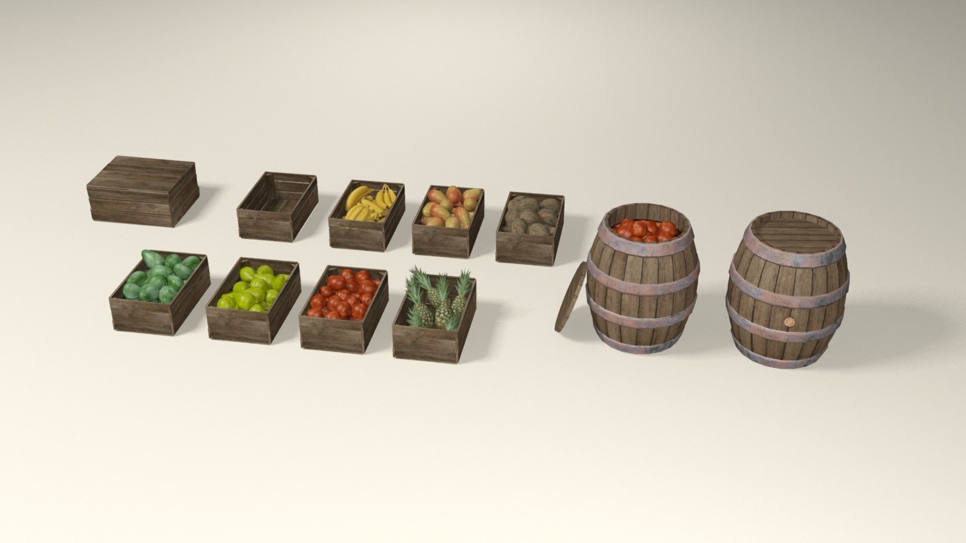 Tropical fruit and fruit boxes Low-poly 3D model_4