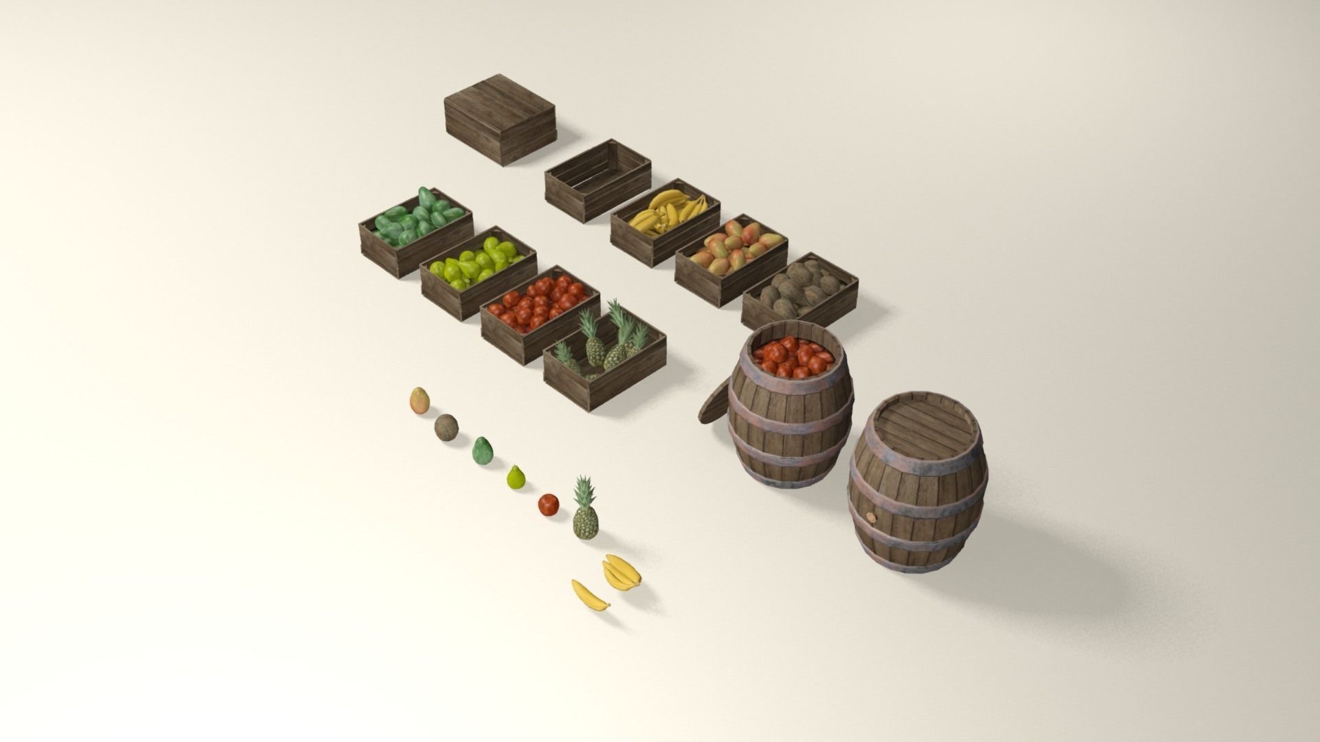 Tropical fruit and fruit boxes Low-poly 3D model_3