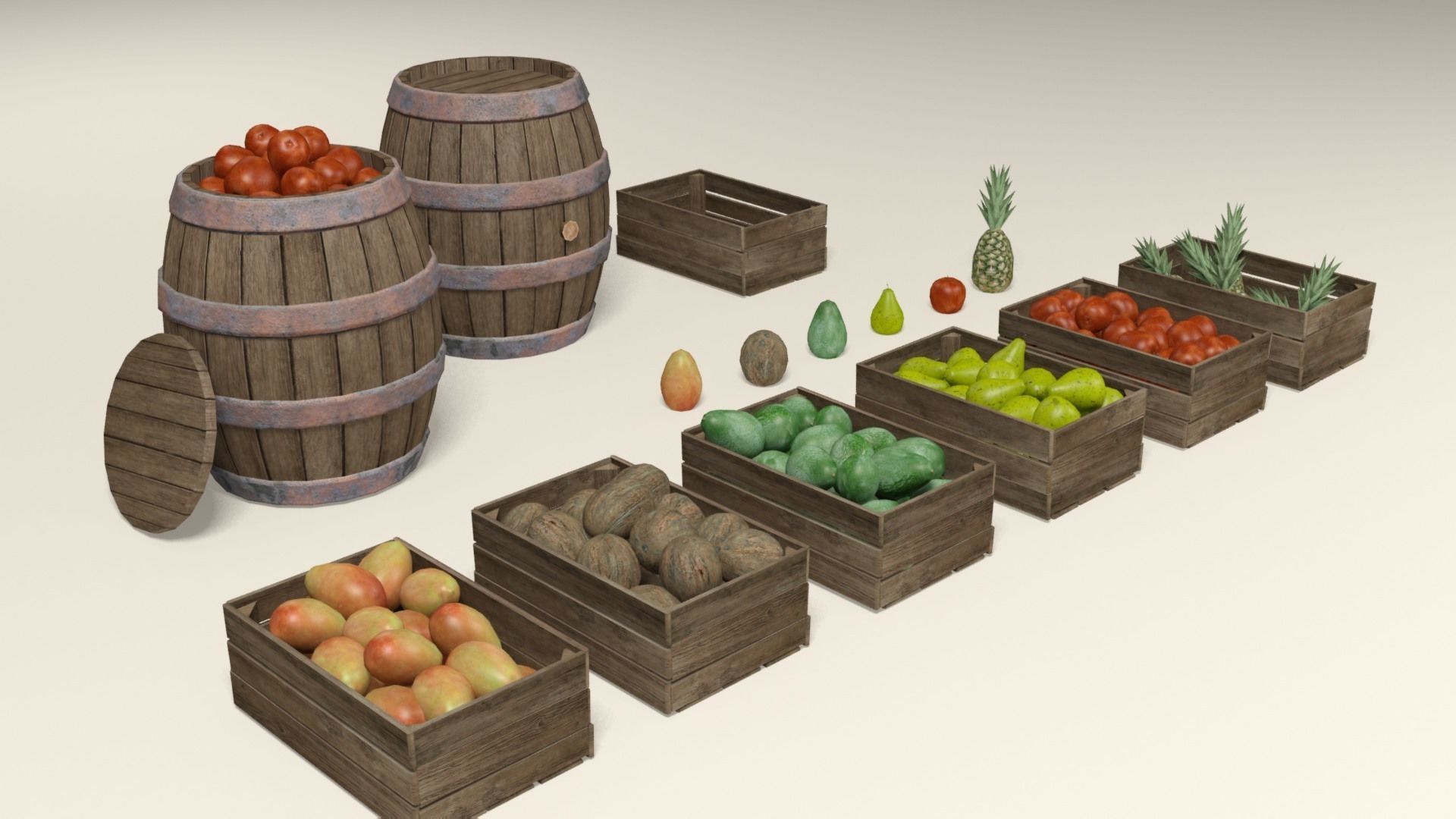 Tropical fruit and fruit boxes Low-poly 3D model_5