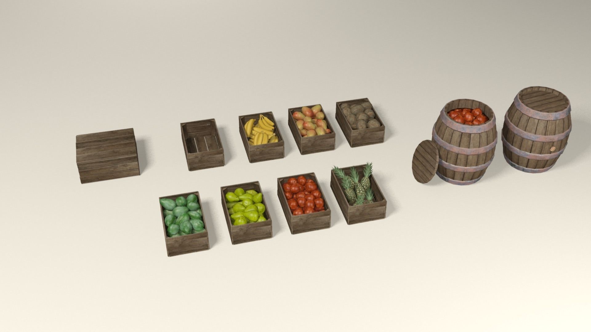 Tropical fruit and fruit boxes Low-poly 3D model_2