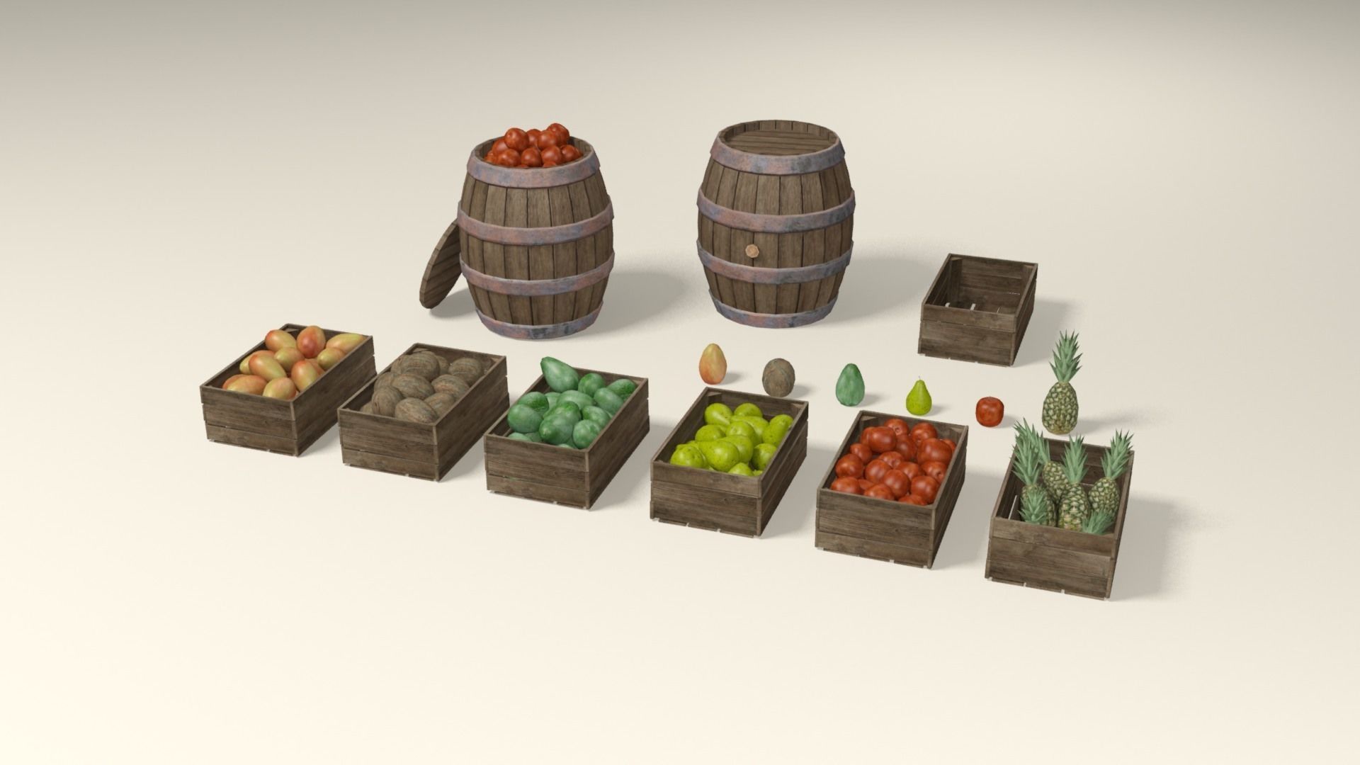 Tropical fruit and fruit boxes Low-poly 3D model_10