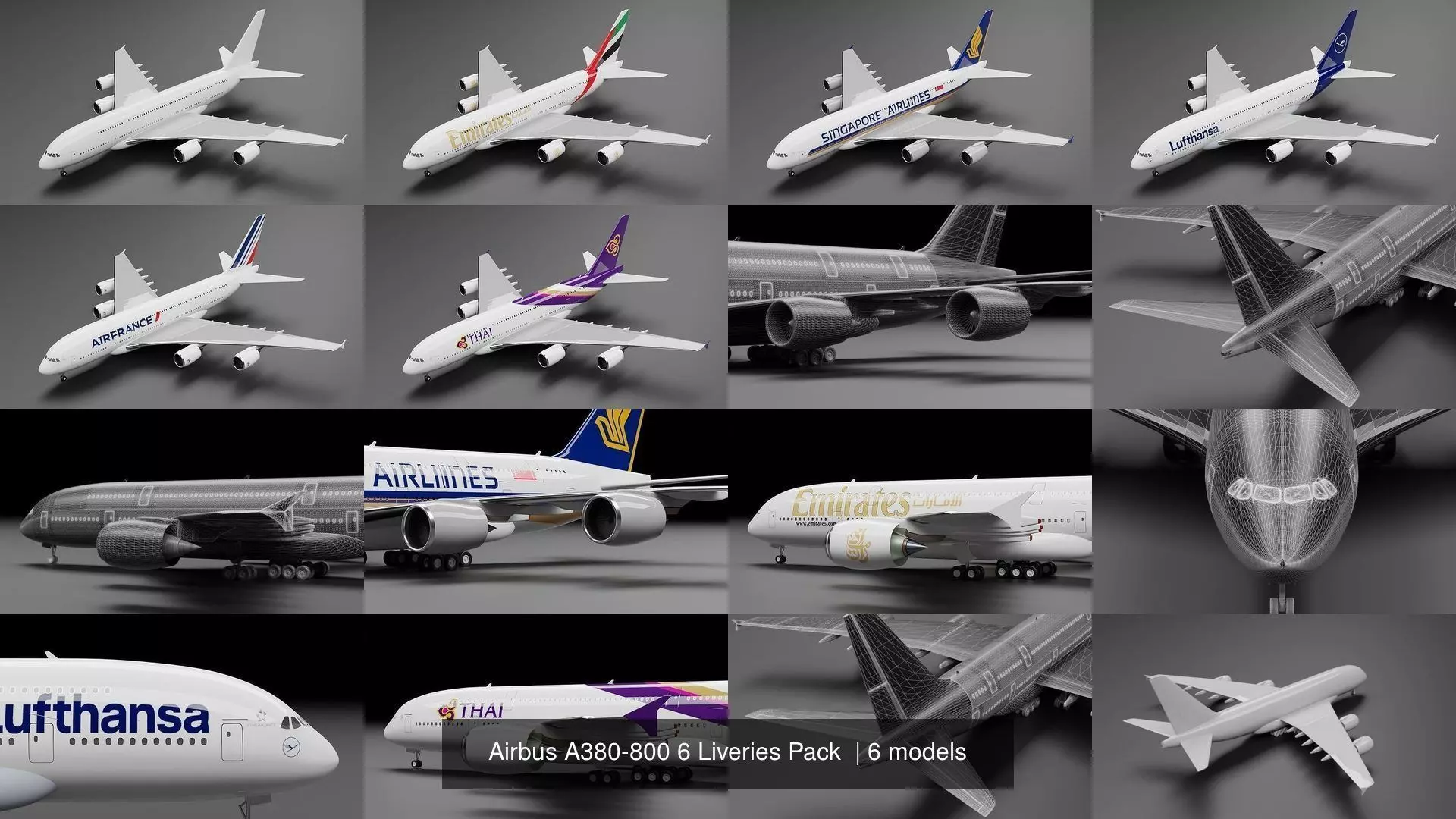 Airbus A380-800 6 Liveries Pack  3D Model Collection_1