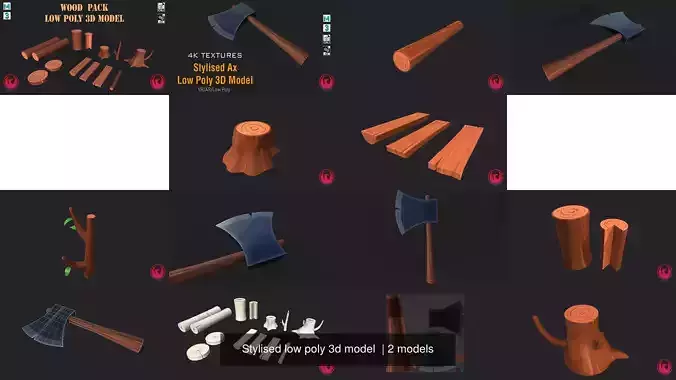 Stylised low poly 3d model axes and tools in game