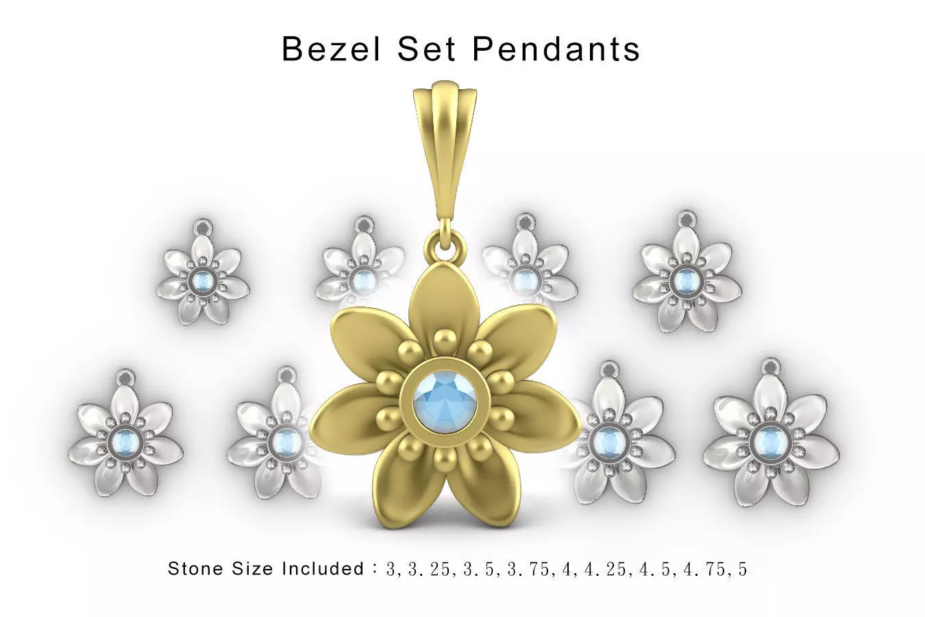 Floral bevel set pendants - 9 stone sizes 3D print model