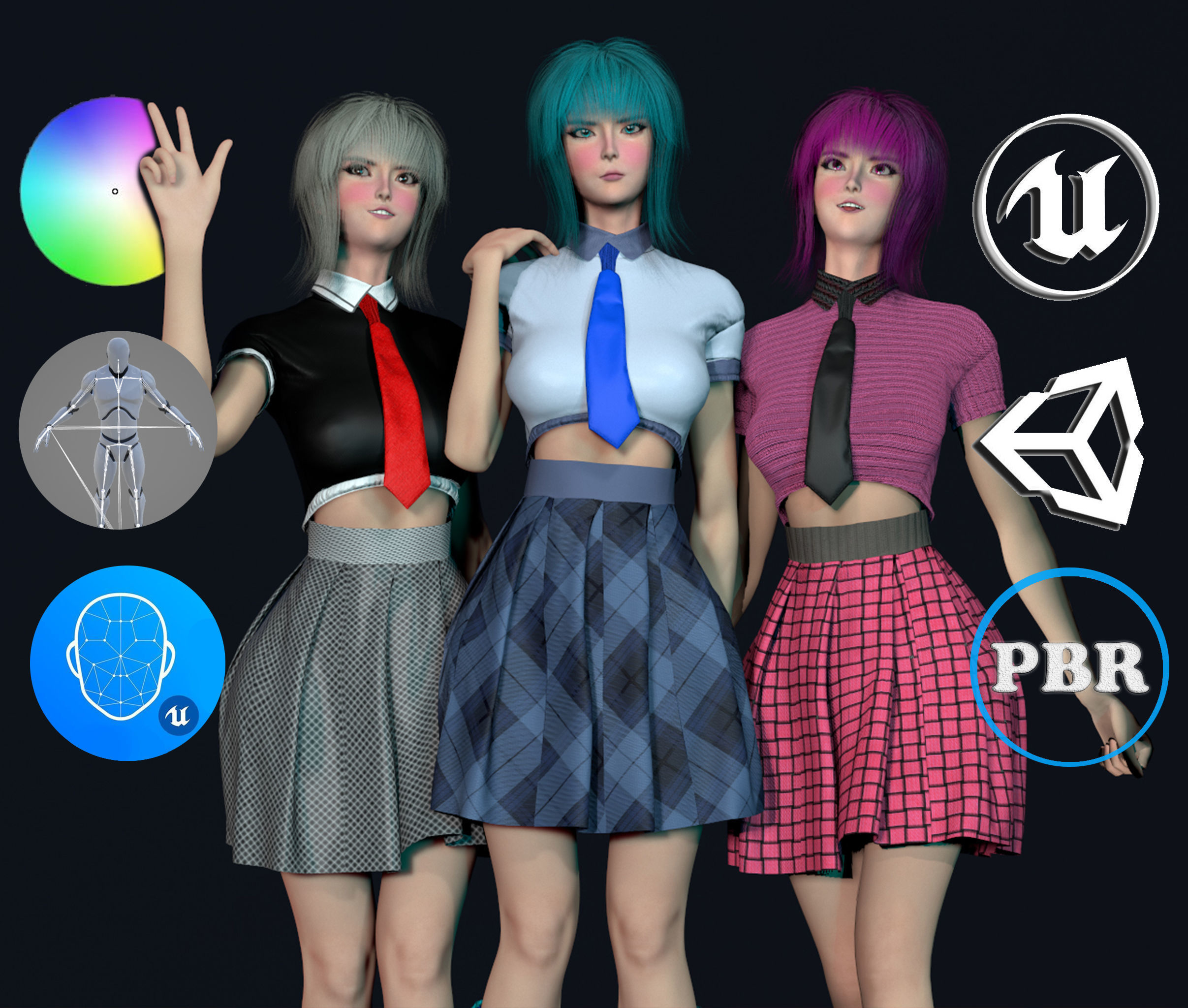 Shcool Girl GAME READY 3D Character Low-poly 3D model_2