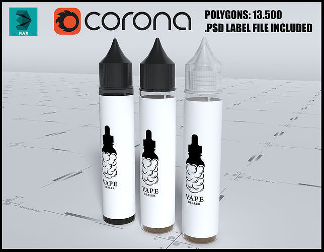 3 elongated jars of 30ml of different colors for vape liquid 3D model