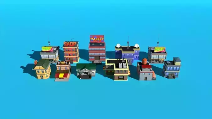 Sity street build cartoon low-poly stylized simple mobile 