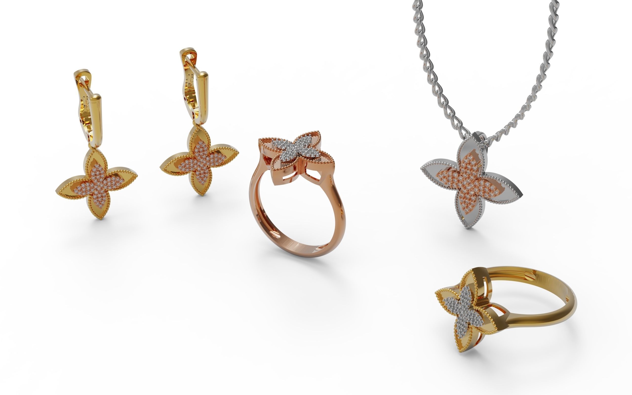 Full set rose gold diamond flower ring 3D Model Collection_4