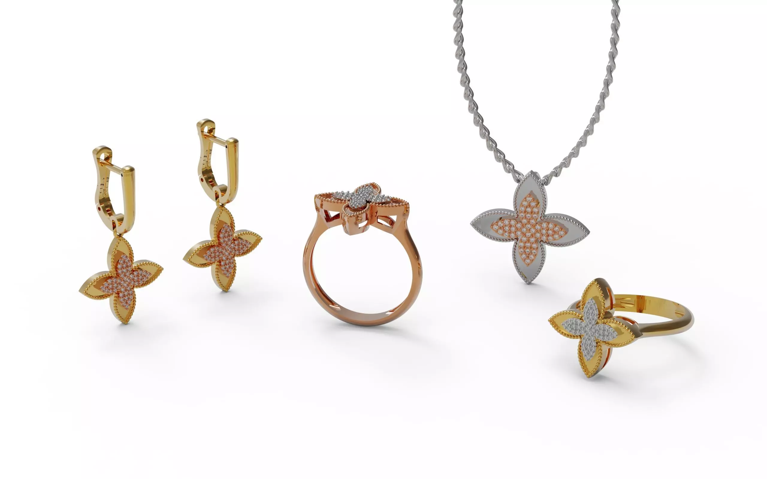 Full set rose gold diamond flower ring 3D Model Collection_0