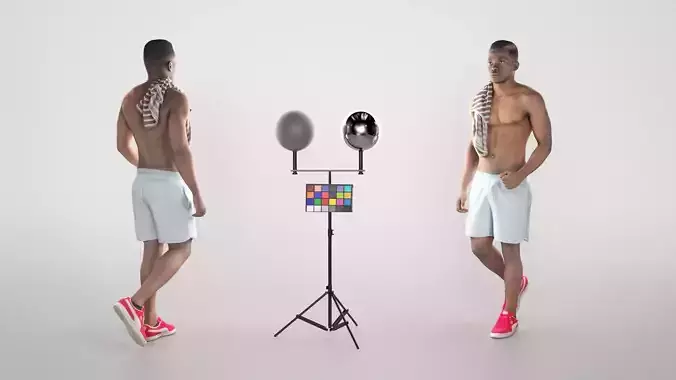 Handsome young man in beach shorts walking 339