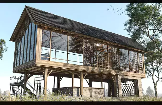 Wood Cabin Low-poly 3D model