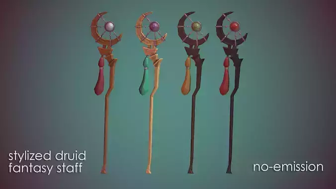 Stylized Fantasy Druid Staff Collection Game-Ready Low-poly 3D model