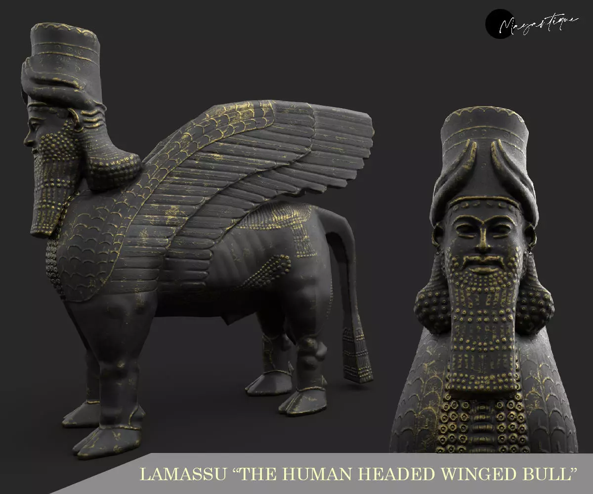 Human headed winged bull lamassu Low-poly 3D model_0