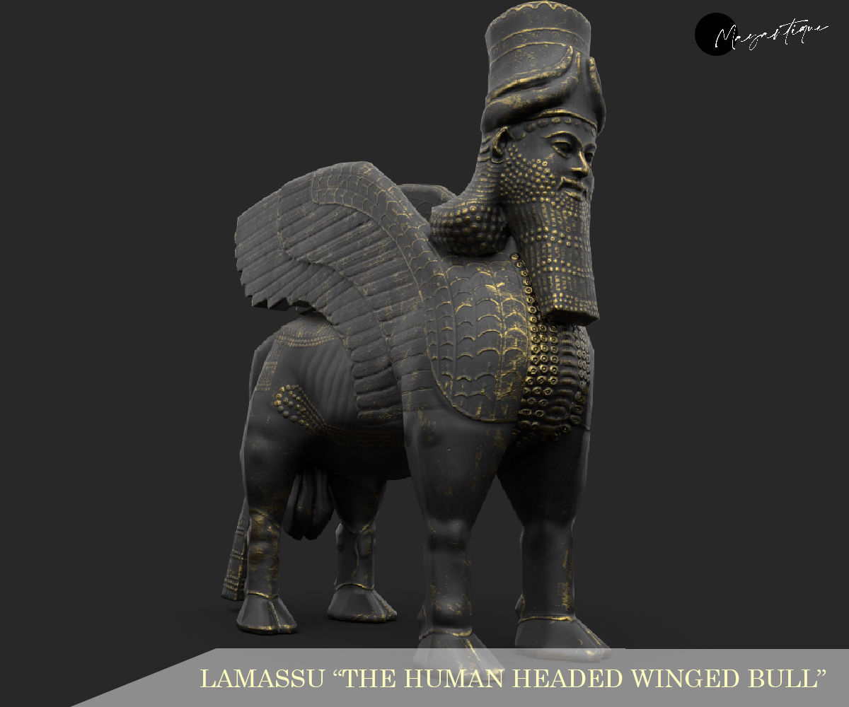Human headed winged bull lamassu Low-poly 3D model_4