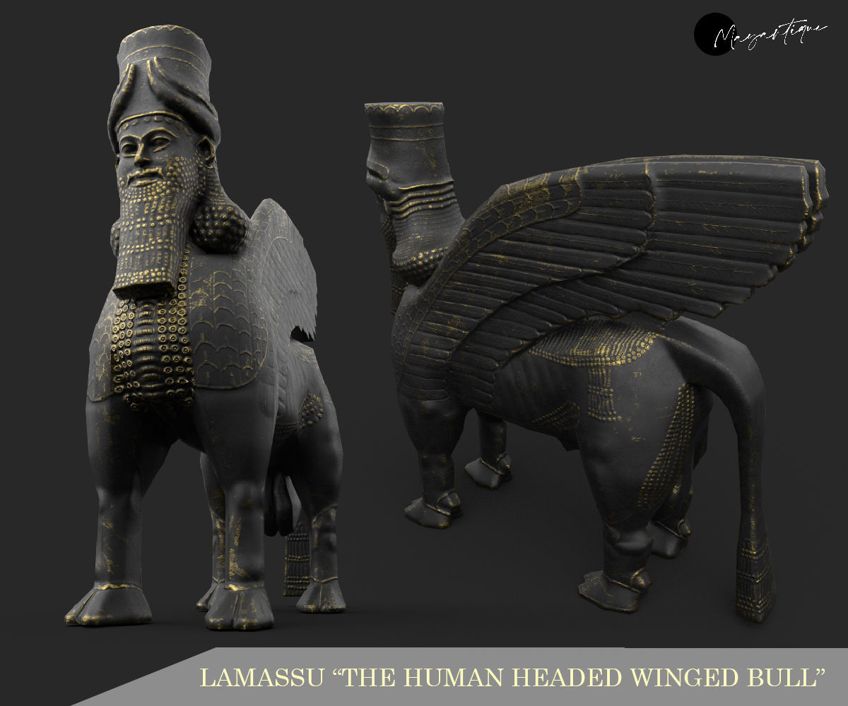Human headed winged bull lamassu Low-poly 3D model_3