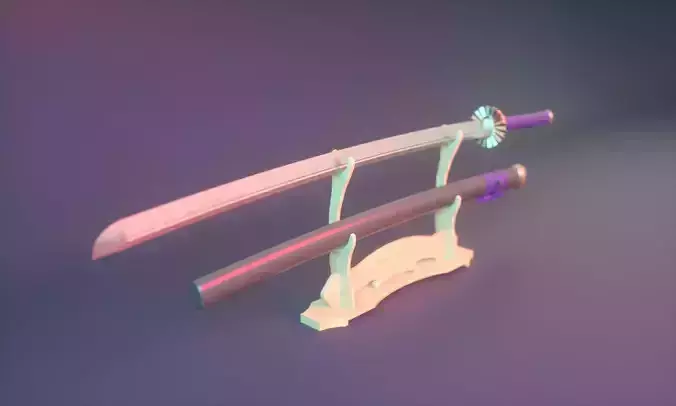 Low-poly Katana sword with sheath and display stand