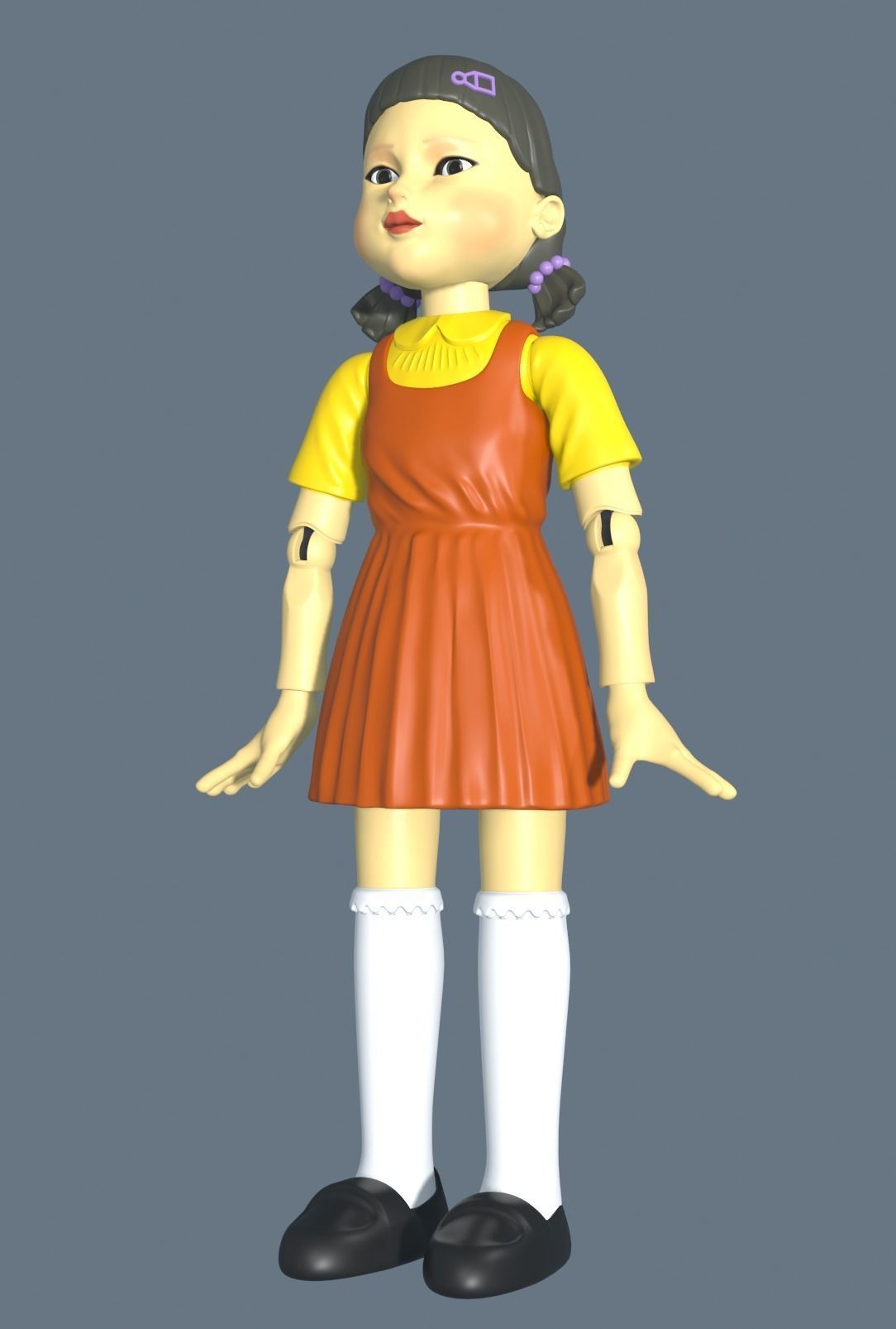 squidgame doll in orange dress Low-poly 3D model_2