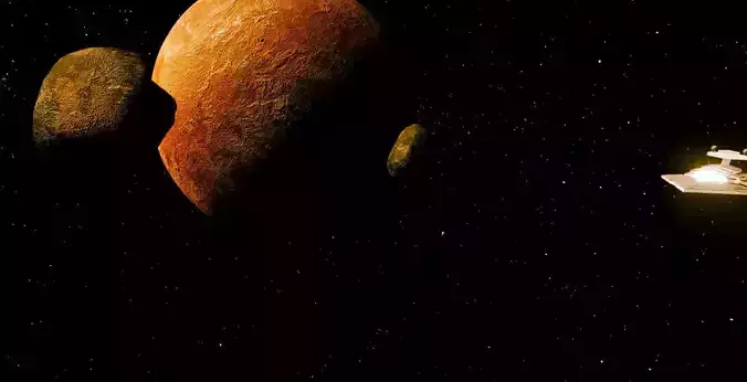 Spaceship and two planets in night sky 3D model