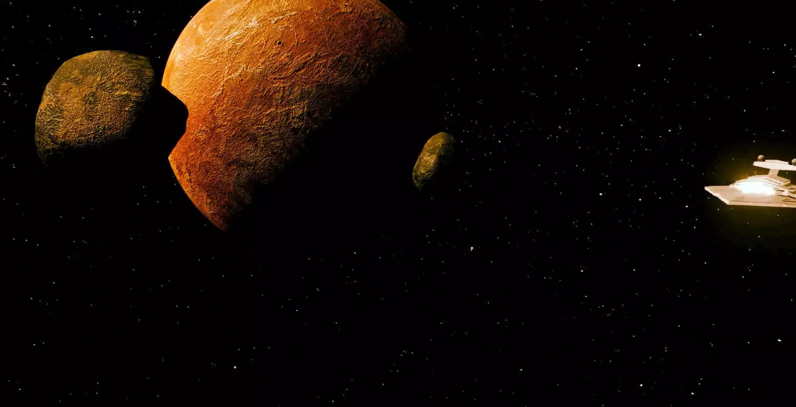 Spaceship and two planets in night sky 3D model_0