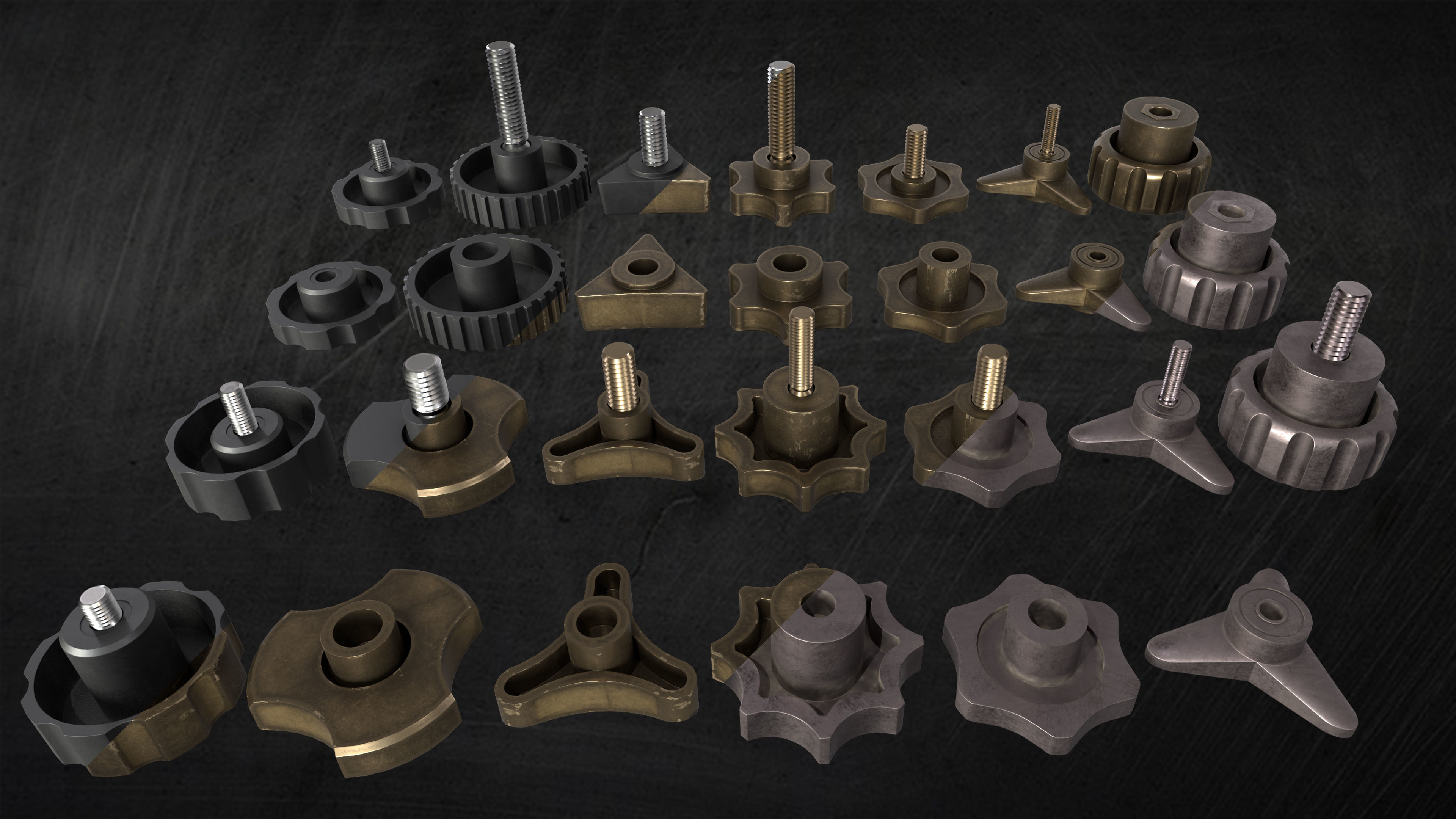 Star and knurled knobs KitBash in 3 Style Low-poly 3D model_2