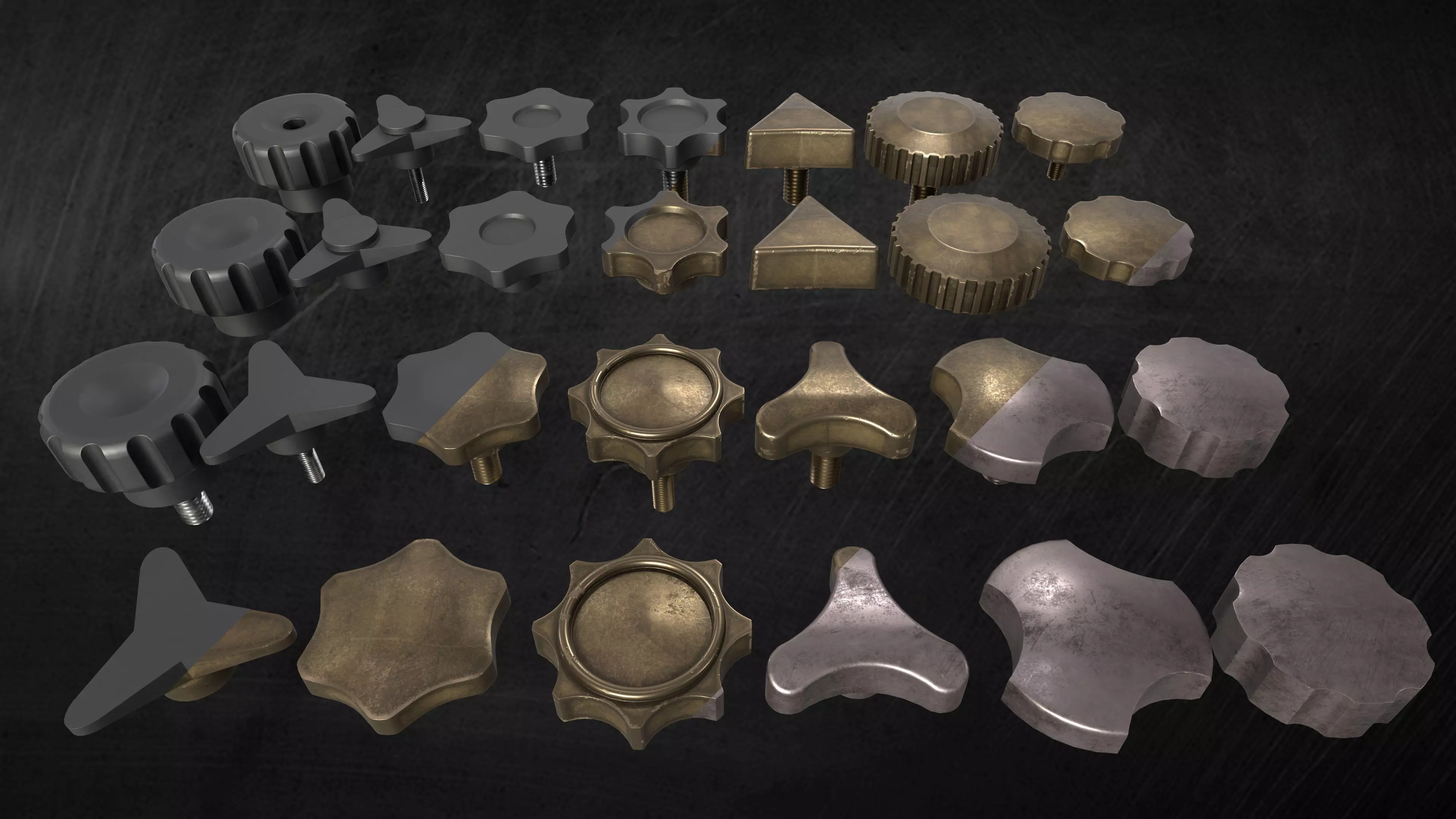 Star and knurled knobs KitBash in 3 Style Low-poly 3D model_0