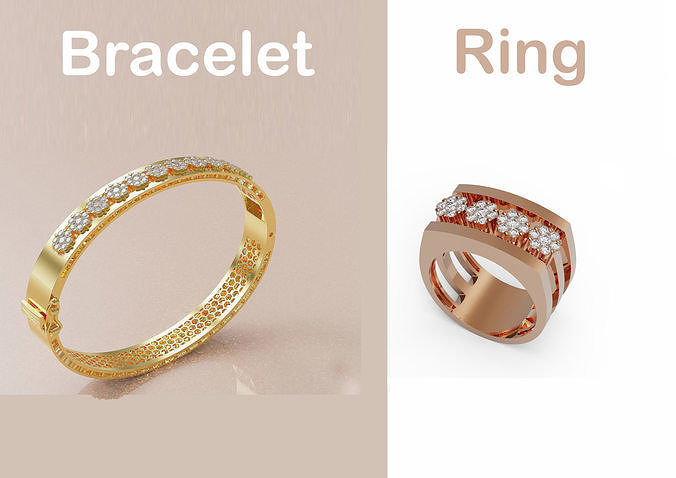 Flower bracelet and ring set 3D Model Collection