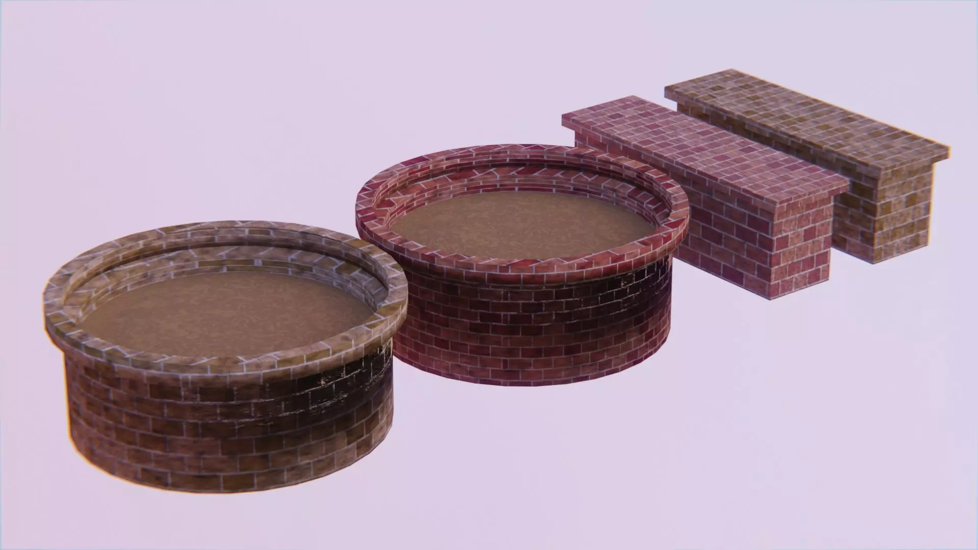 Red and Beige Brick Planters and Half Walls Low-poly 3D model_0