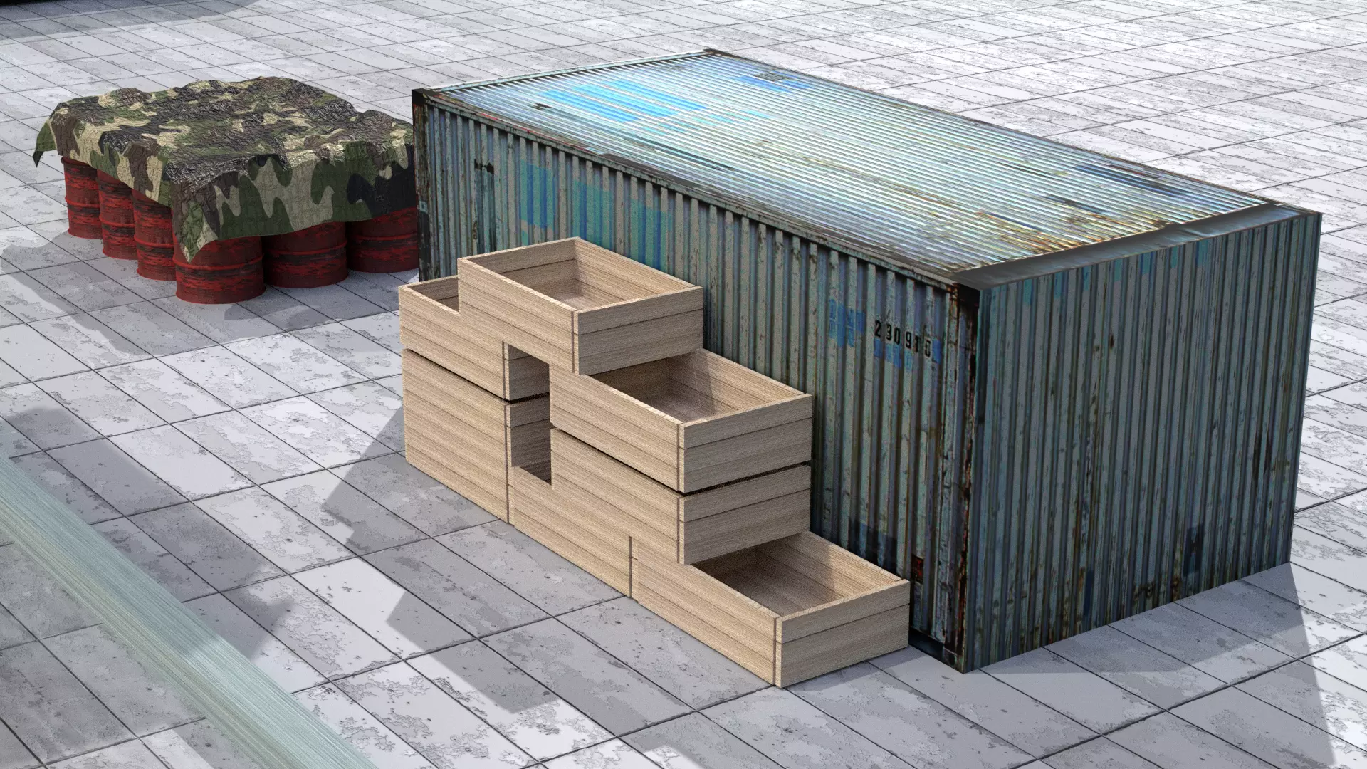 realistic container and oil barrel Free 3D model_0