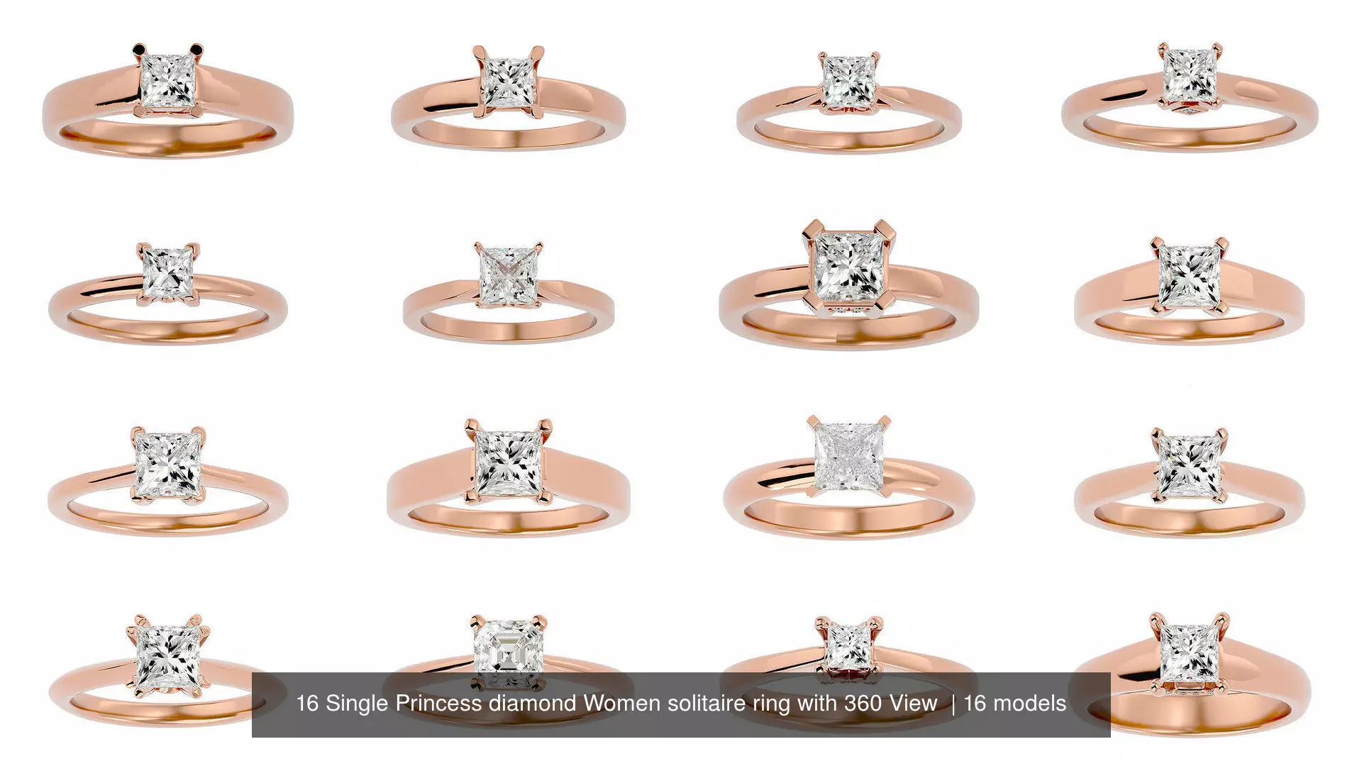 16 Single Princess diamond Women solitaire ring with 360 View  3D Model Collection_1