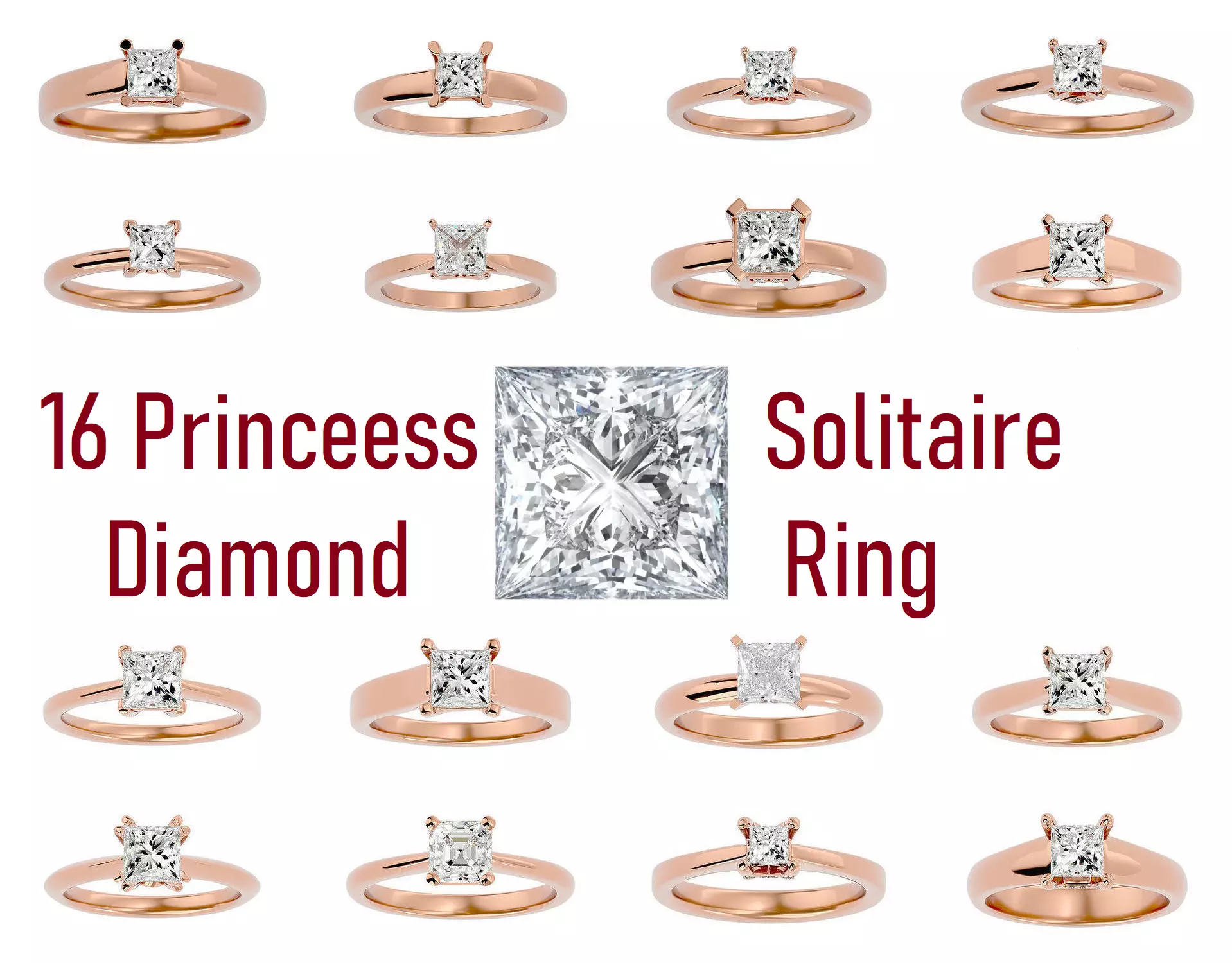 16 Single Princess diamond Women solitaire ring with 360 View  3D Model Collection_0
