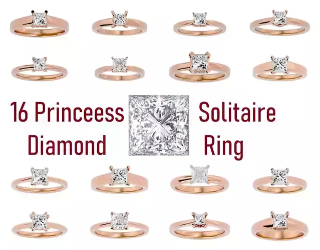 16 Single Princess diamond Women solitaire ring with 360 View  3D Model Collection