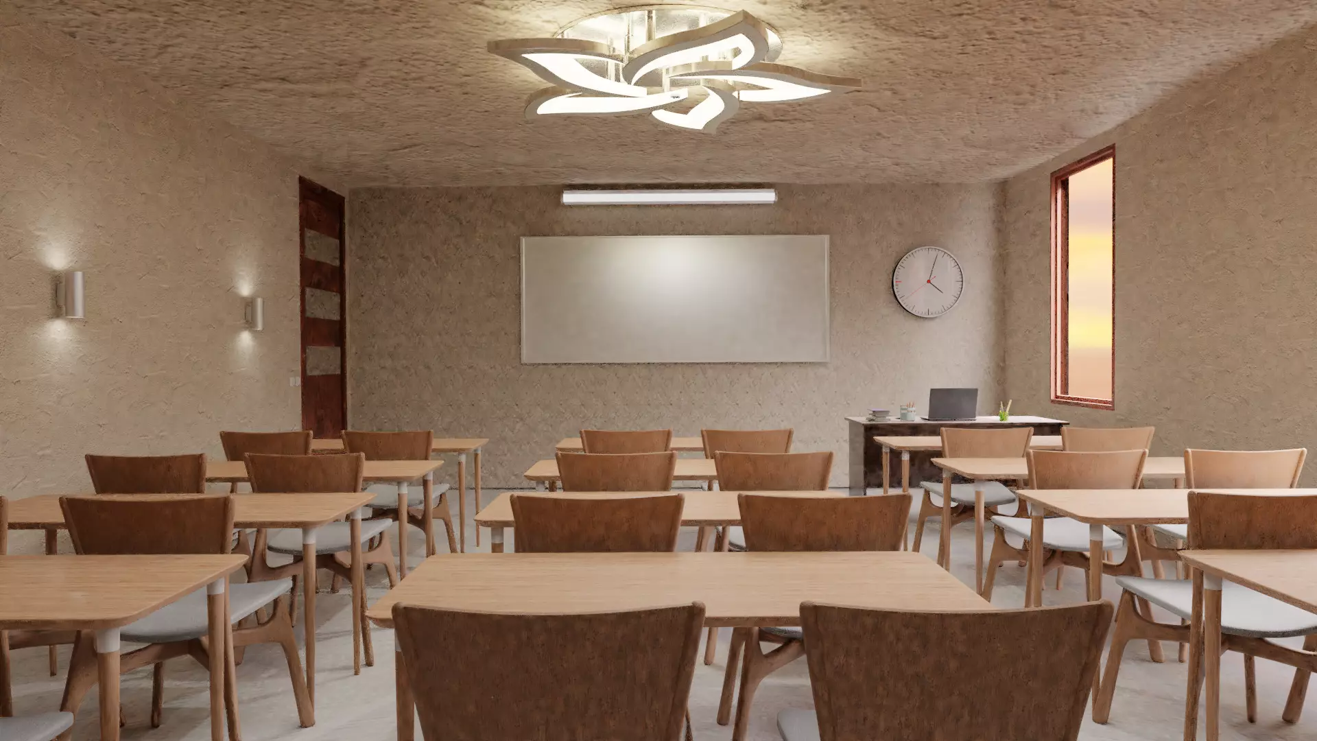 class classroom with wooden tables and chairs 3D model_0