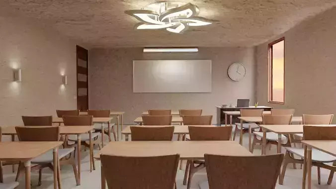 class classroom with wooden tables and chairs