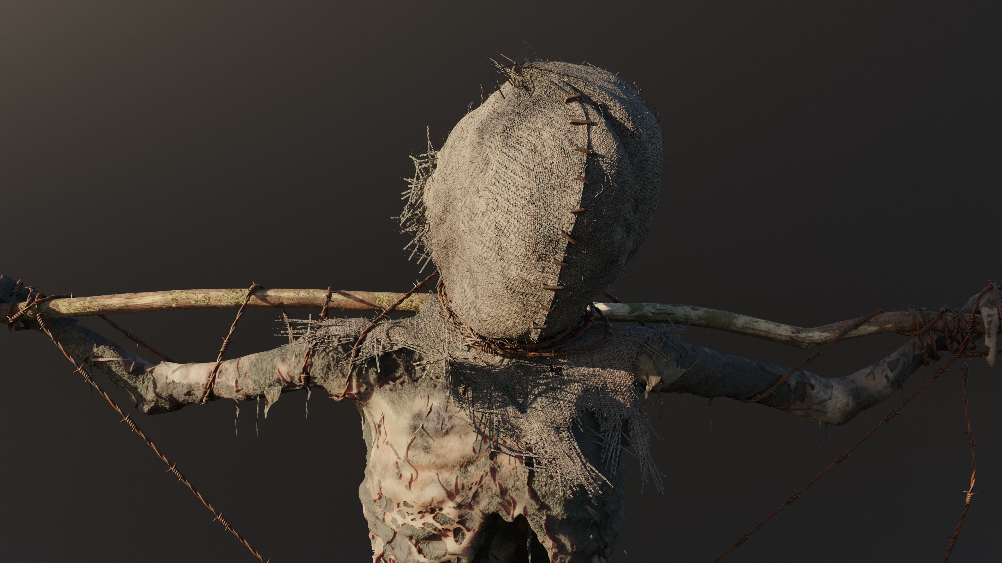 Scarecrow high poly skeleton on stick 3D model_6