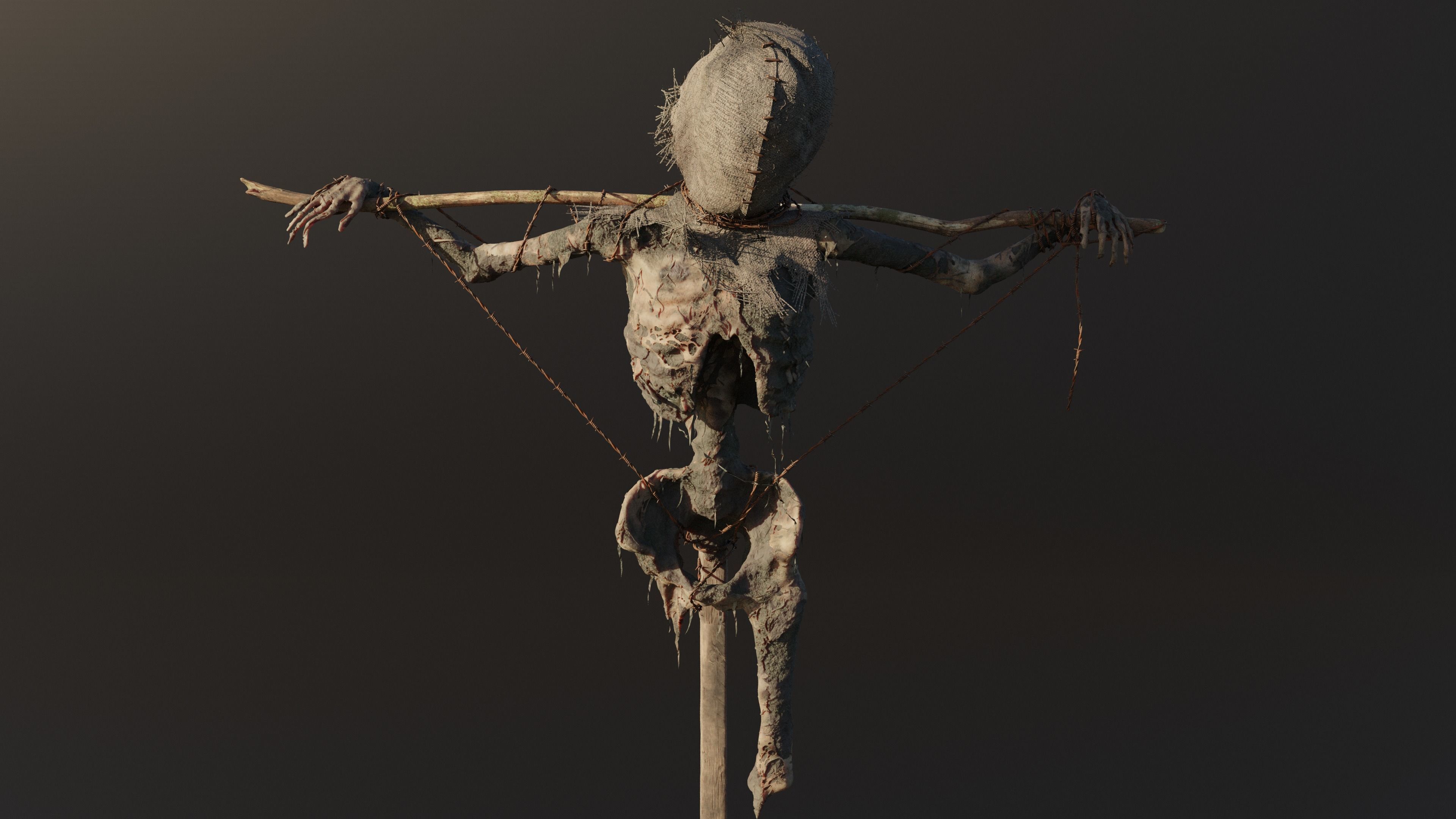 Scarecrow high poly skeleton on stick 3D model_2