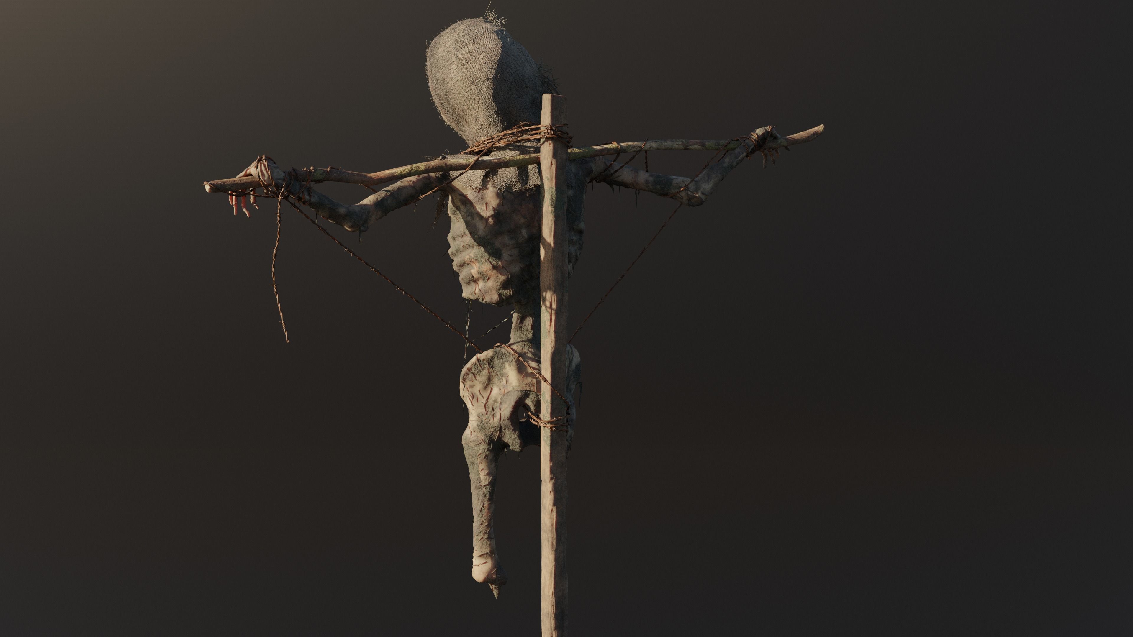 Scarecrow high poly skeleton on stick 3D model_4