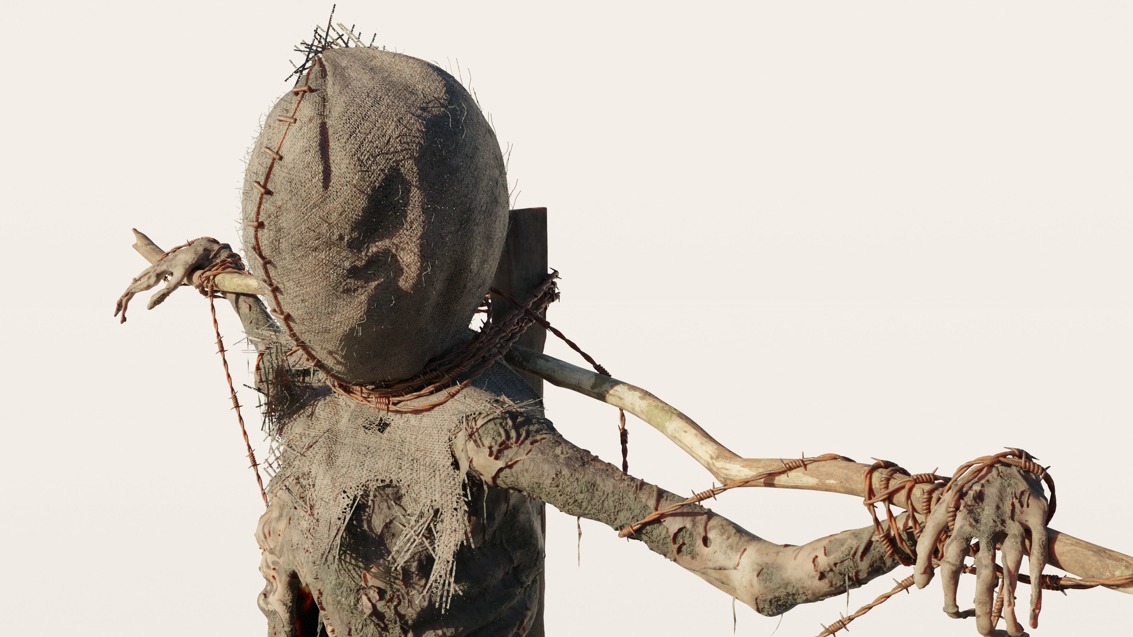 Scarecrow high poly skeleton on stick 3D model_7