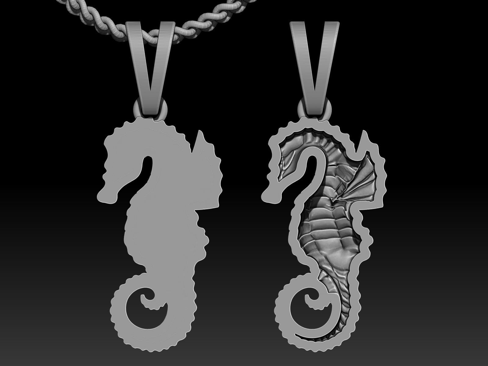 Seahorse Sculpture pendant jewelry Gold necklace 3D print model_1