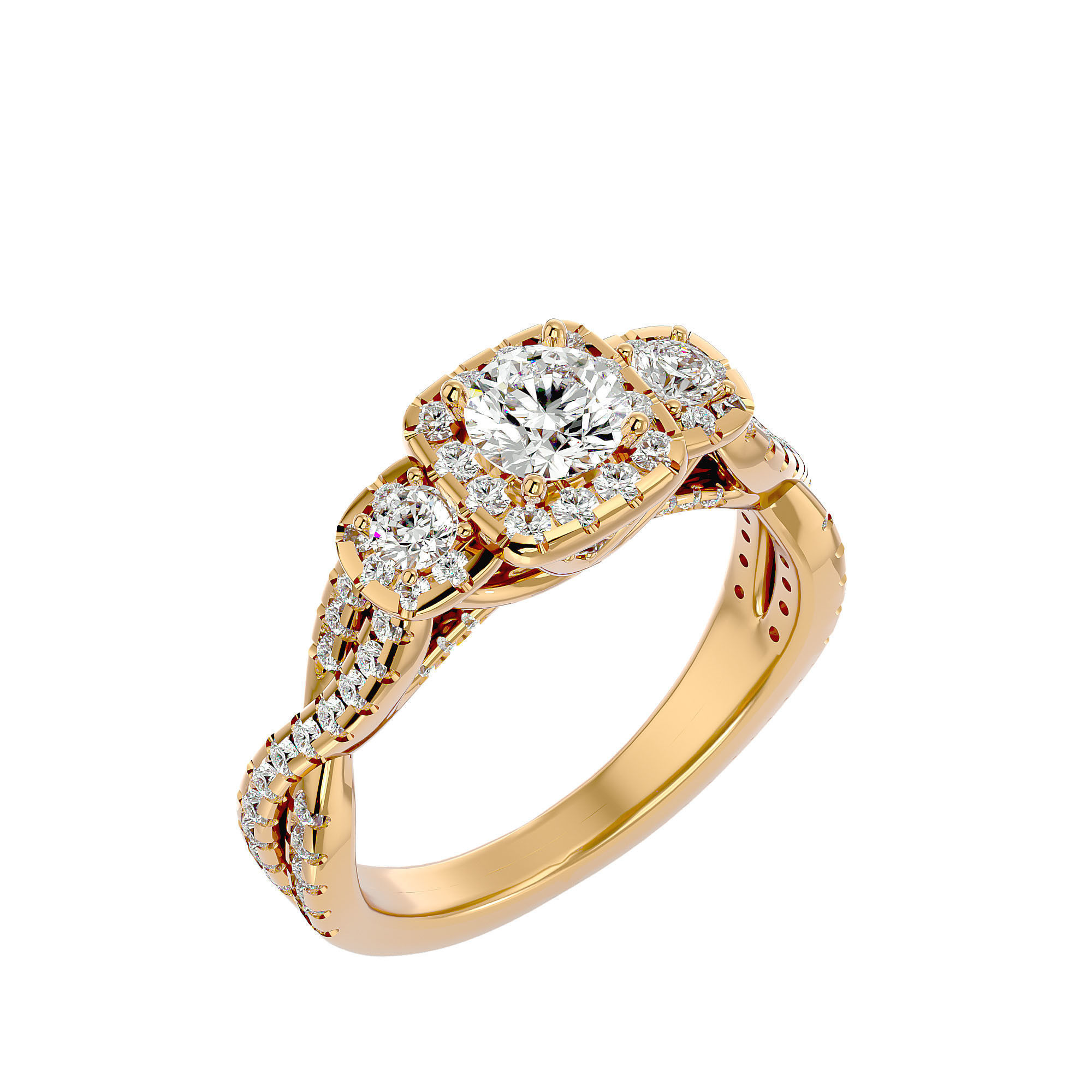 Tri Diamond solitaire wedding engagement ring with 360 view 3D print model_11