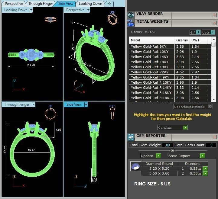 Tri Diamond solitaire wedding engagement ring with 360 view 3D print model_12
